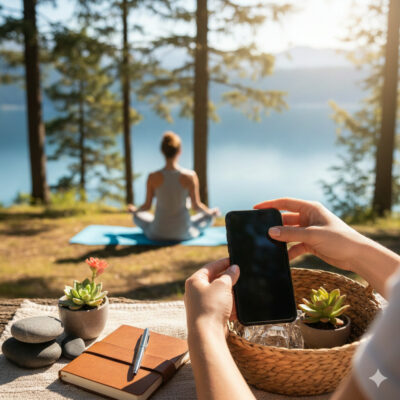Persona meditando en la naturaleza mientras otra persona apaga su teléfono, simbolizando la desconexión digital y el bienestar mental.