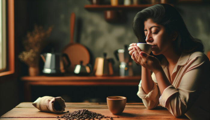 Dos personas conversando animadamente en una mesa de madera con dos tazas de café, simbolizando la conexión social y el bienestar.