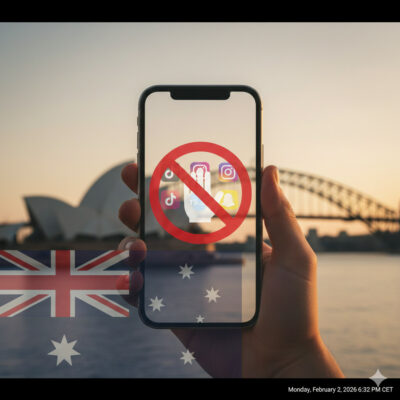 Mano sosteniendo smartphone con señales de prohibición sobre iconos de redes sociales y fondo de la Ópera de Sídney en Australia.